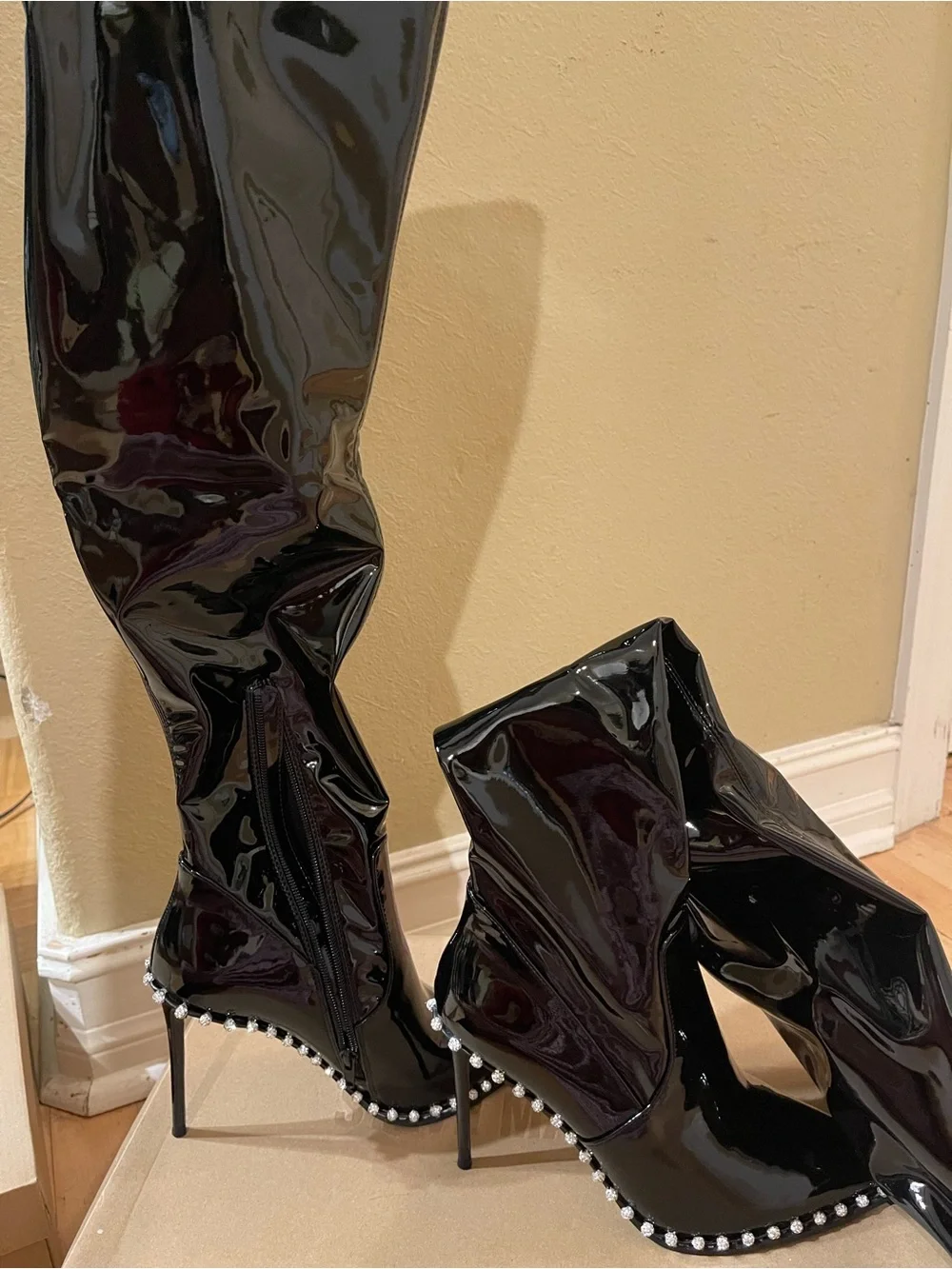 Steve Madden Vyva Black Patent Pearl-Trim Stiletto Thigh-High Boots